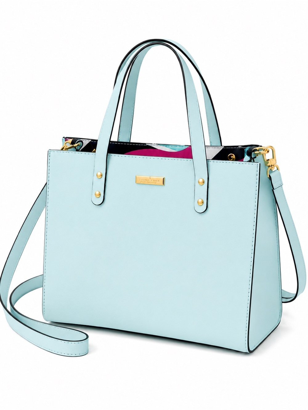Trina Turk Aqua Blue Structured Tote Crossbody Bag Gold Hardware Satchel - Picture 2 of 8